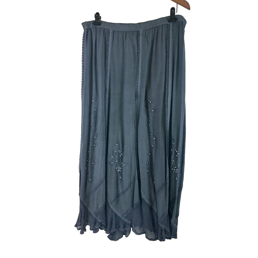 Soft Surroundings Vintage Maxi Skirt Rayon Beaded Floral Gray Blue Whimsy XL